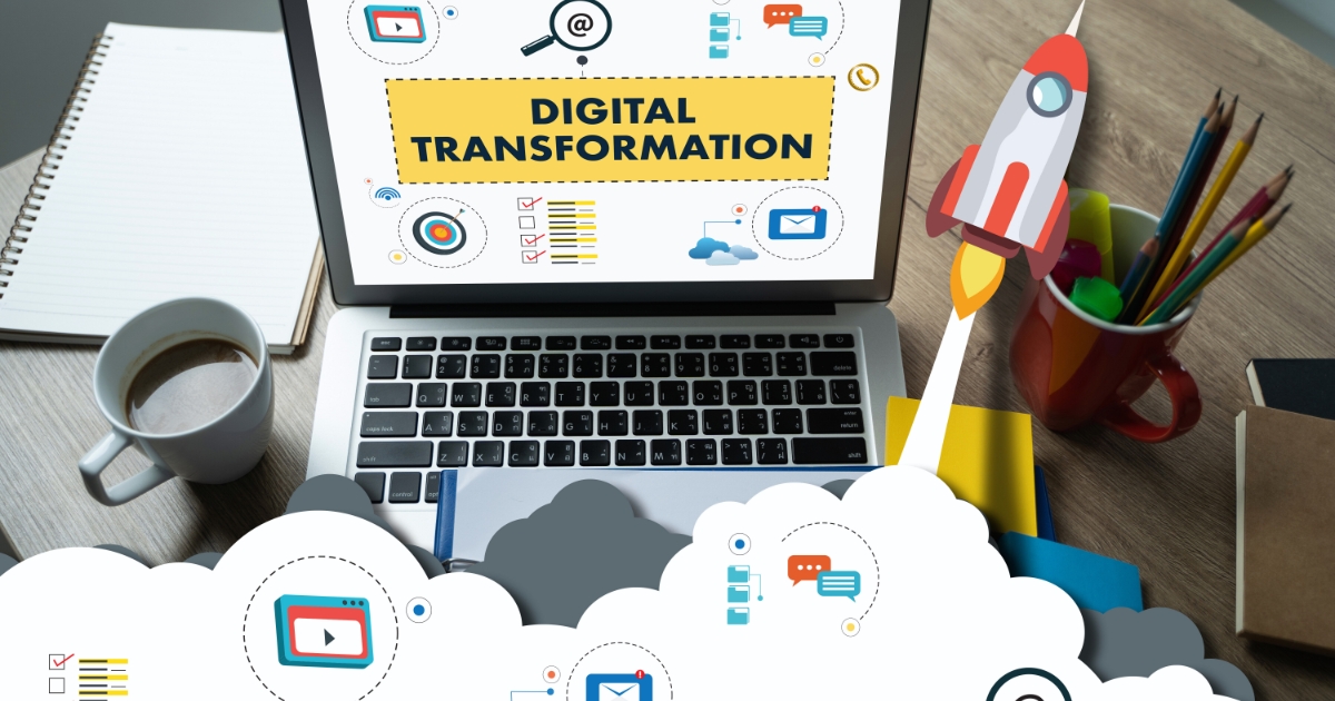 digital transformation illustration with a laptop and digital elements icons